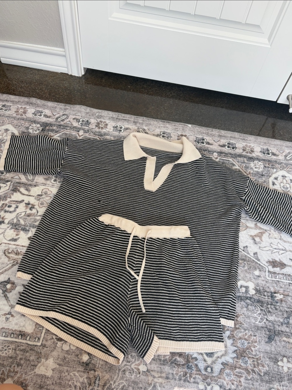 Cream & Black Striped Sweater Set - Short Sleeve Top & Shorts